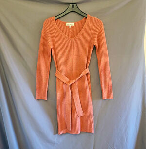 Sweet Republic Pink Solid V-Neck Sweater Dress Belted Knee Length Size M
